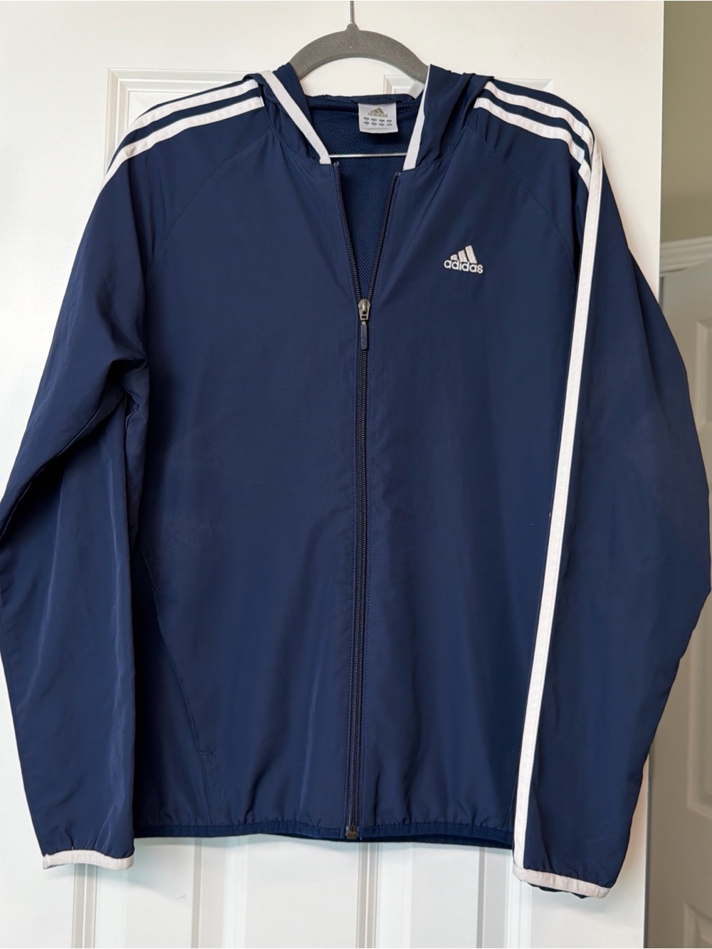 Adidas Navy Hooded Windbreaker Jacket with White Stripes